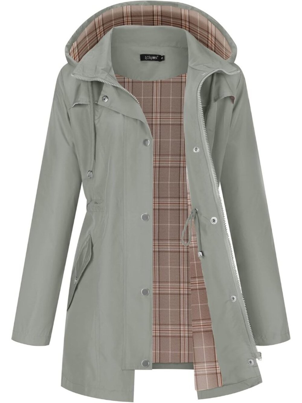 Women's Grey Long Sleeve Lined Jacket Lightweight Hood Jacket Rain Trench Coats